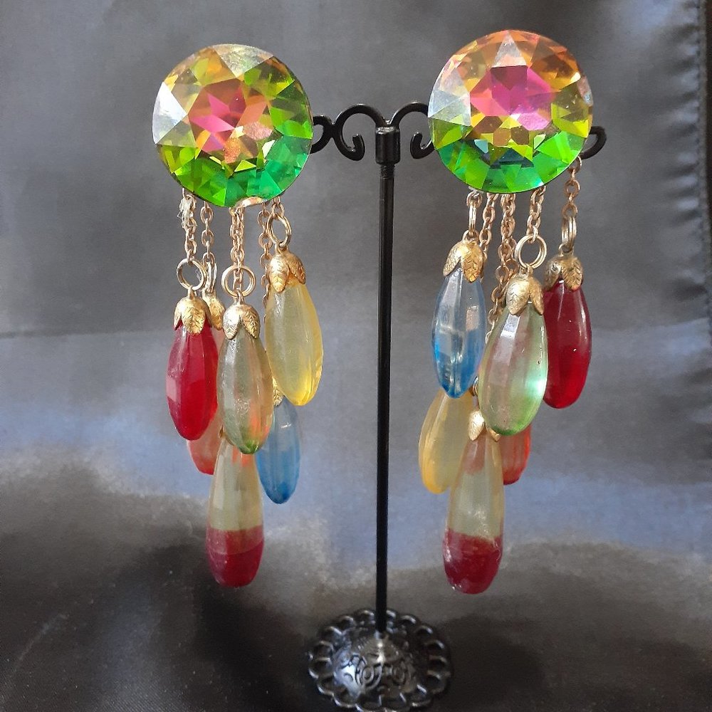 Vintage Aurora Borealis Dangle Clip Earrings four inches